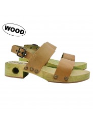 COMFORTABLE WOODEN CLOGS WITH OLIVE GREEN LEATHER BANDS