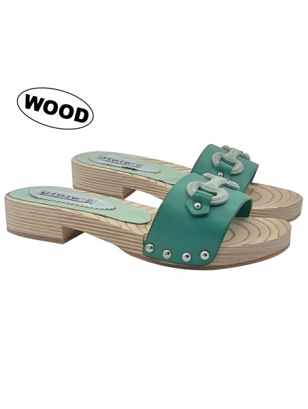 COMFORTABLE CLOGS IN GREEN LEATHER WITH ACCESSORY
