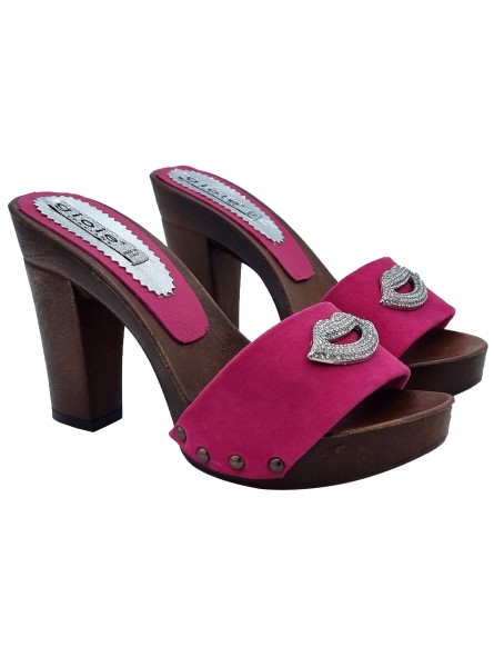 MULES IN FUCHSIA SUEDE WITH JEWEL ACCESSORY