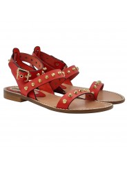 FLAT SANDAL IN RED LEATHER WITH GOLDEN STUDS