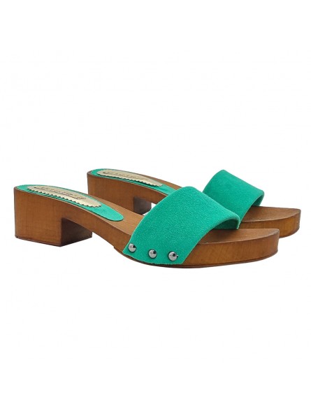 ELEGANT LOW CLOGS WITH GREEN LEATHER BAND