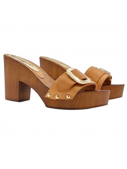 Women's Clogs with Leather Upper and Gold Buckle